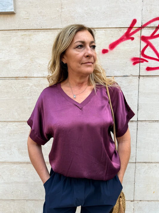 SALDI|Blusa a V in raso di viscosa