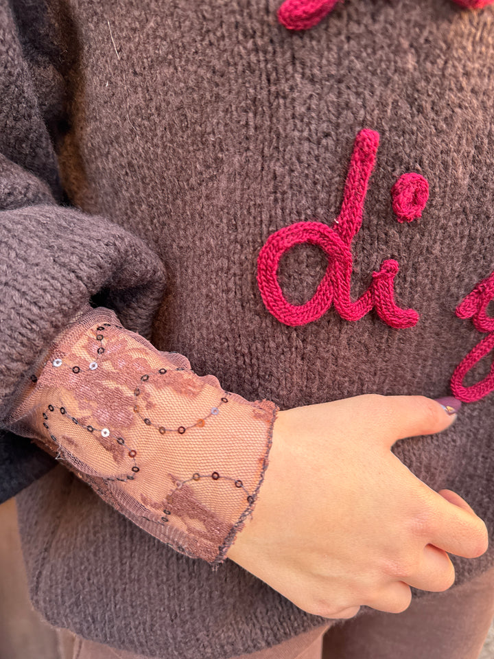 Top pizzo e paillettes marrone