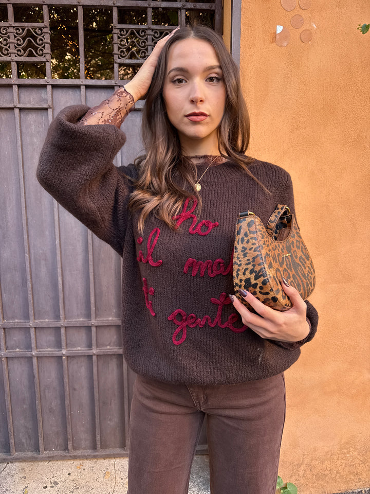 Top pizzo e paillettes marrone