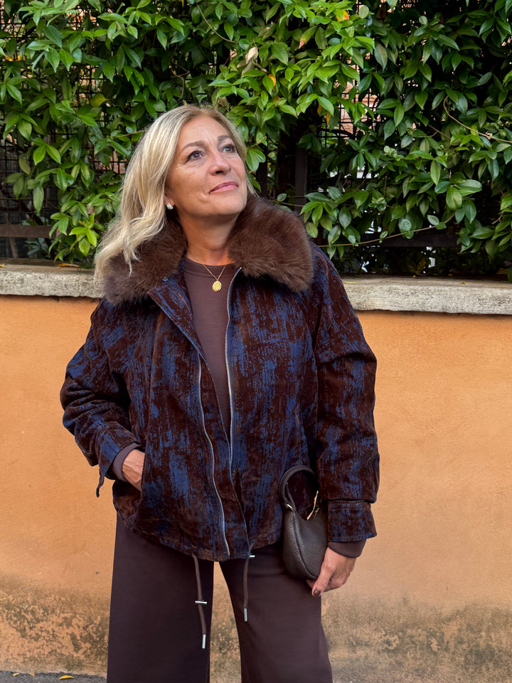 Luxury|Giaccone bomber in velluto con profili in eco fur