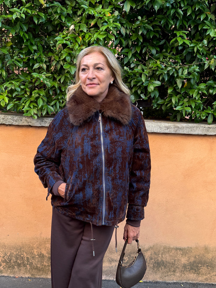 Luxury|Giaccone bomber in velluto con profili in eco fur
