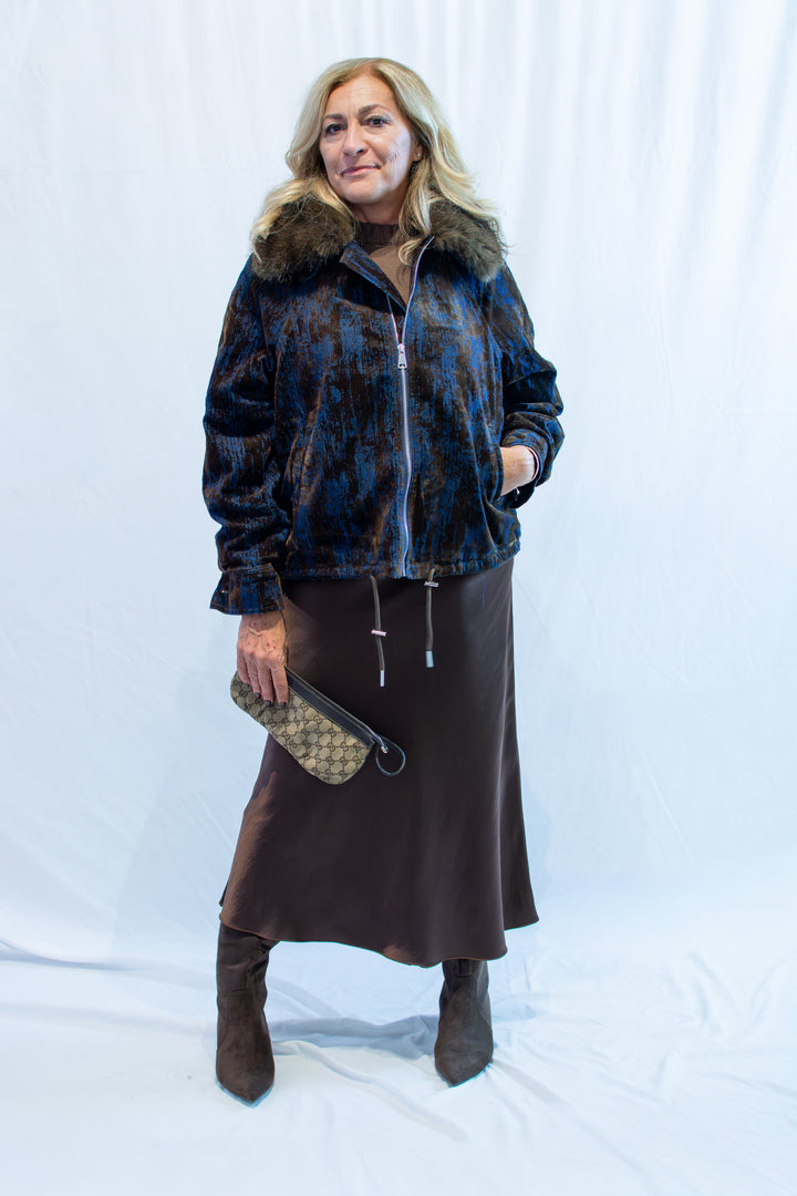 Luxury|Giaccone bomber in velluto con profili in eco fur