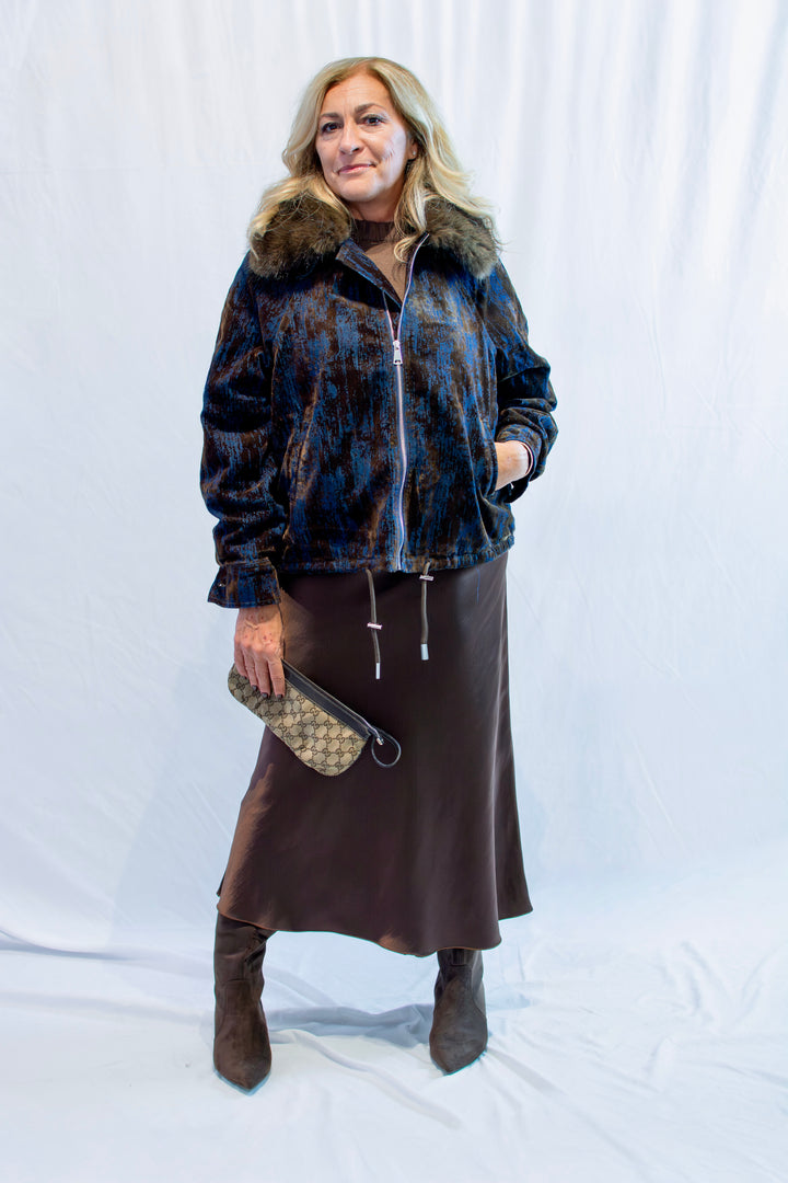 Luxury|Giaccone bomber in velluto con profili in eco fur