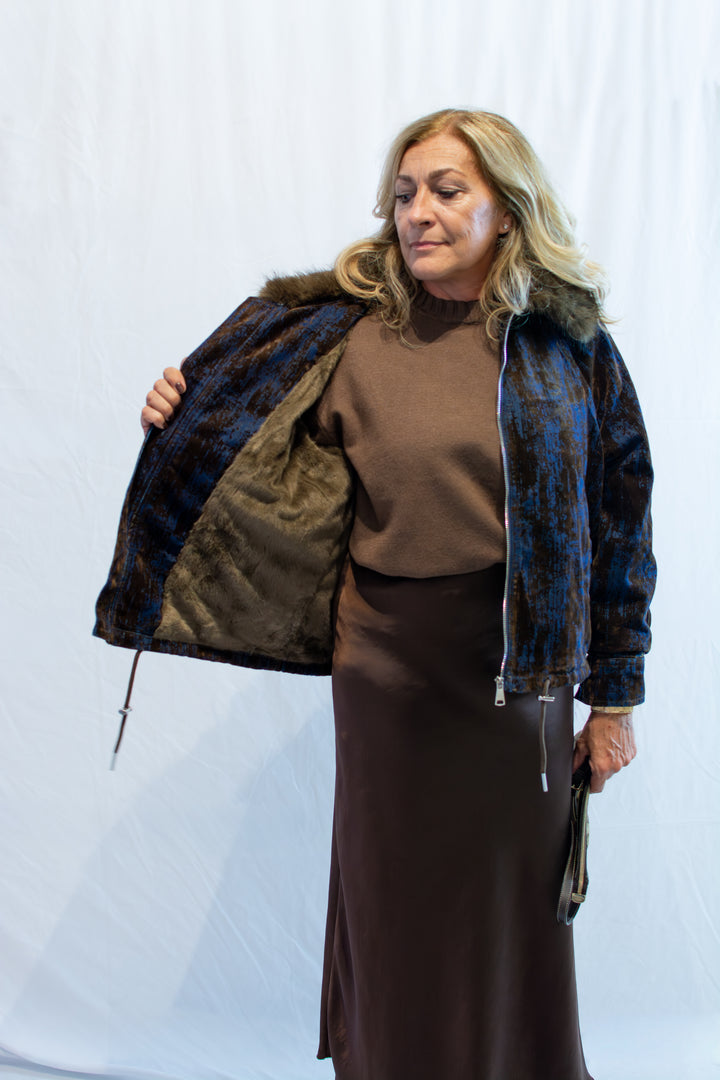 Luxury|Giaccone bomber in velluto con profili in eco fur