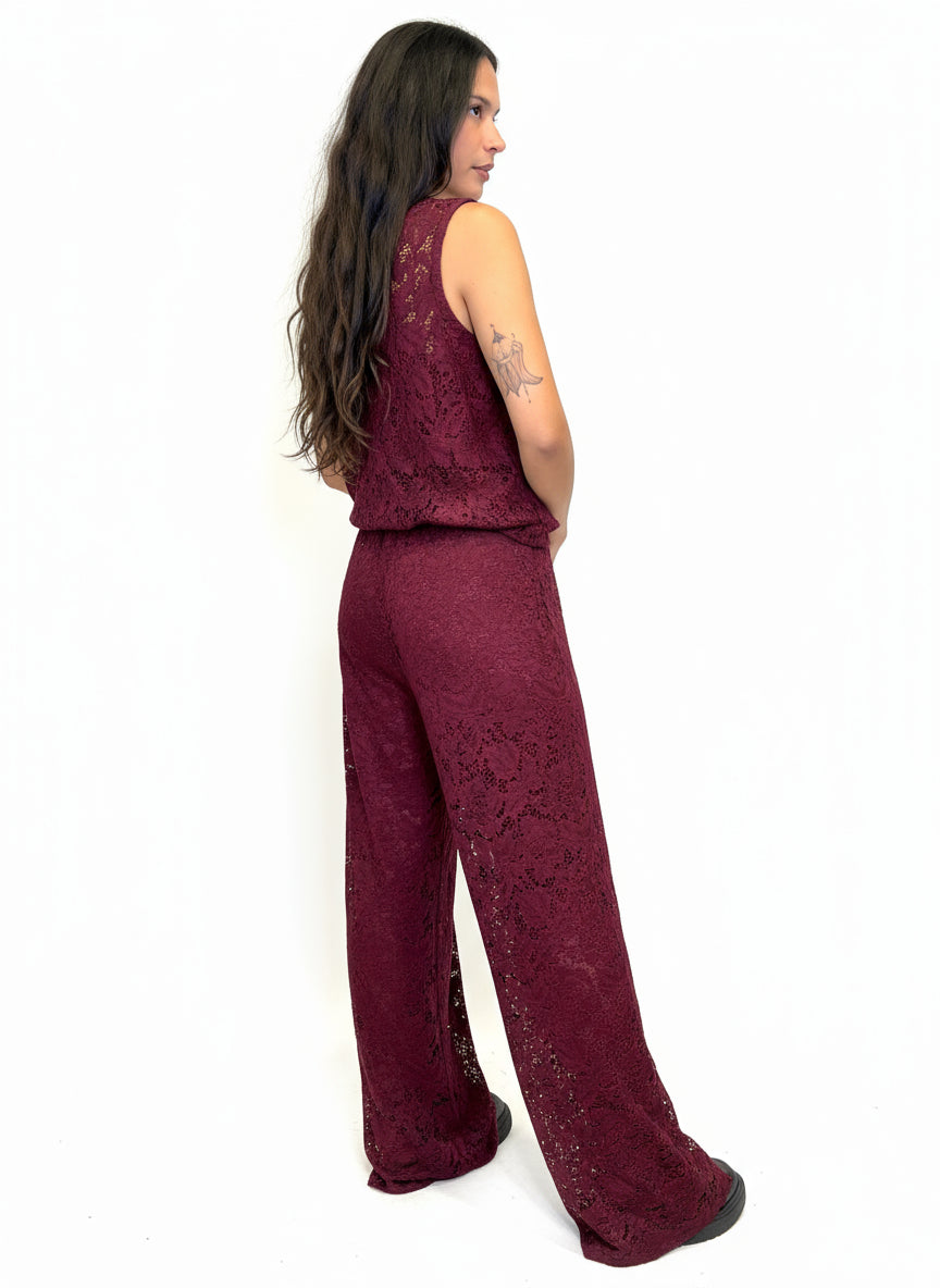 Pantaloni palazzo in pizzo vino