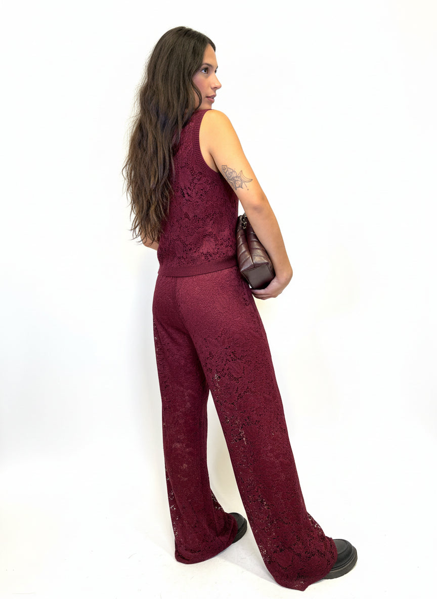 Pantaloni palazzo in pizzo vino