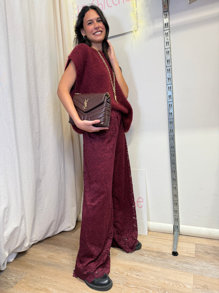 Pantaloni palazzo in pizzo vino