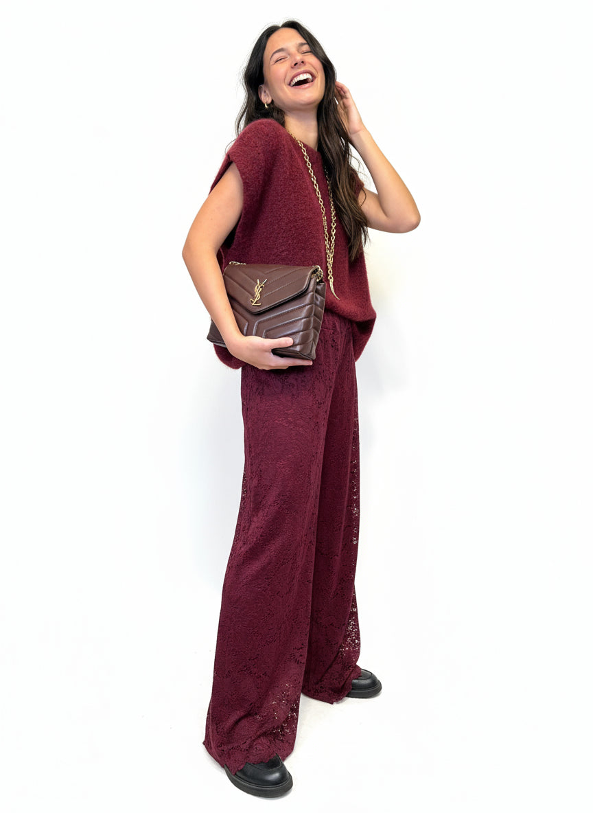 Pantaloni palazzo in pizzo vino