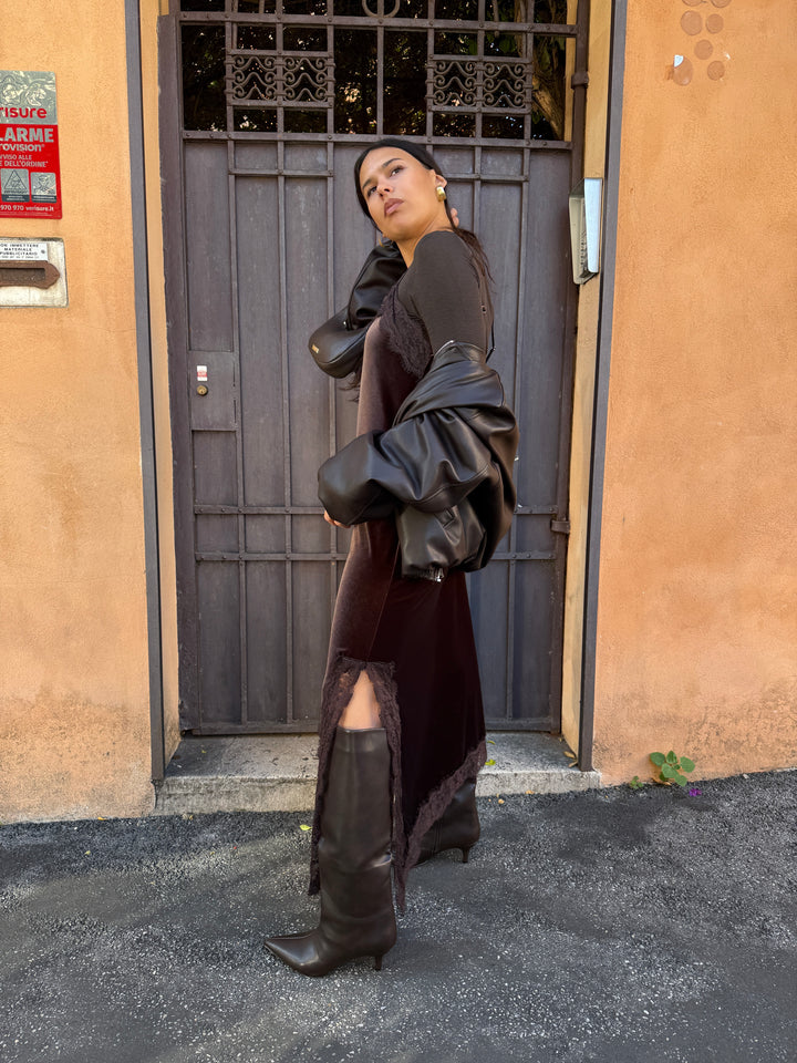 Slip dress in velluto con pizzo