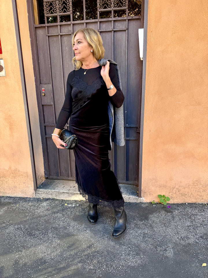 Slip dress in velluto con pizzo