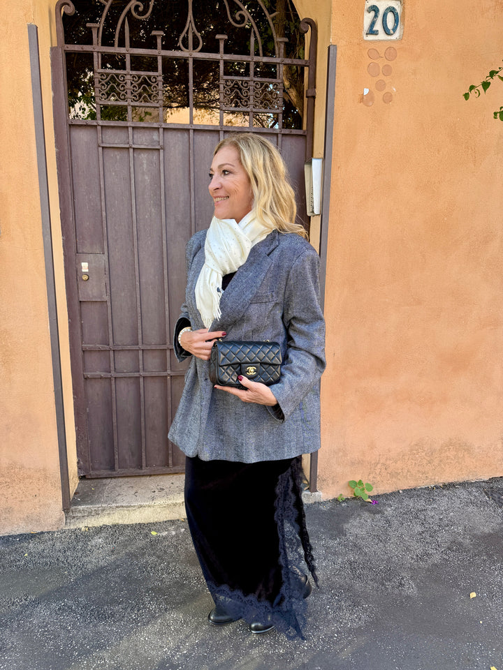 Slip dress in velluto con pizzo